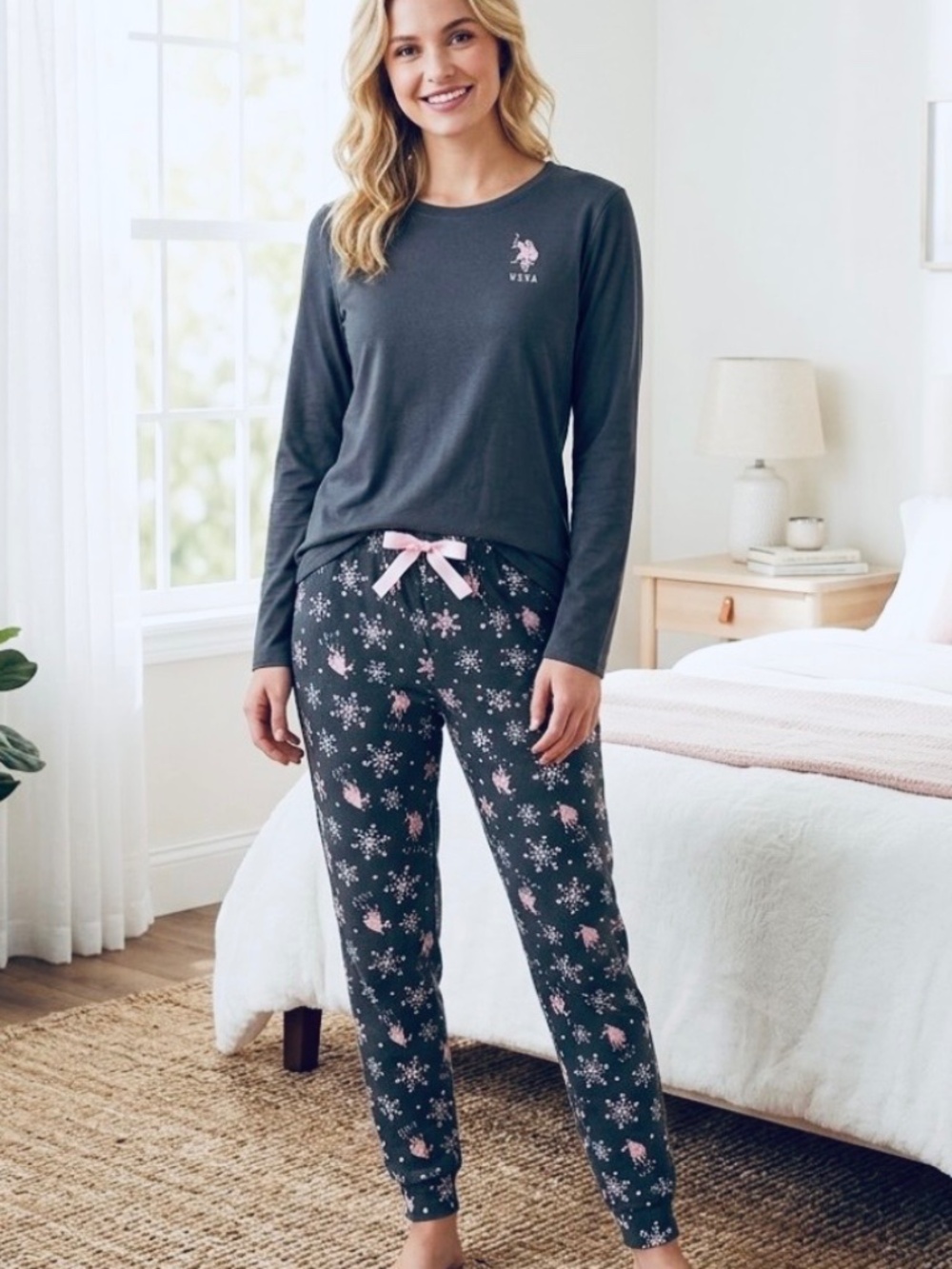 U.S. Polo Association 2-Piece Jersey Knit Henley Pajama Jogger Set - Grey/Pink